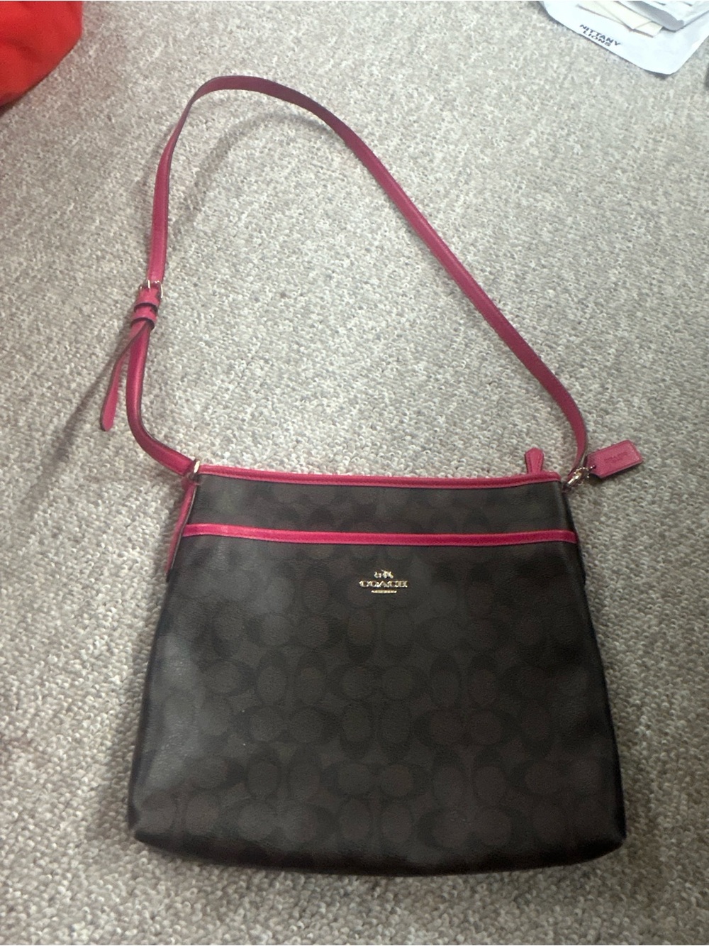 Coach Brown Signature Crossbody with Pink Trim